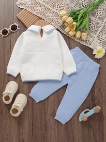SHEIN Playful Pals 2pcs Baby Boy Casual Sweater Co-Ord Set - White Sweater With Toy Car Pattern + Knitted Blue Pants, Soft & Comfortable For Daily, Outing, Travel, Holiday, Home, Daycare, And Play Fall Winter - Blue and White - View 8
