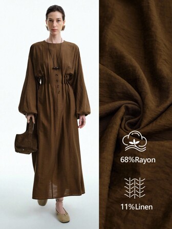 Aalyst Women's Elegant Vintage Solid Color Round Neck Waist Gathered Pleated Back Elastic Waist Long Sleeve Maxi Dress, Suitable For Office, Commute, Casual, Holiday, Afternoon Tea, Party Fall Cloth For Women