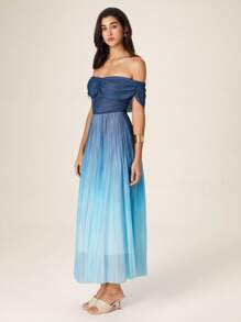 Modelyn French Style Off Shoulder Ruched Waist Slim Fit Pleated Dress For Women - Blue - View 4