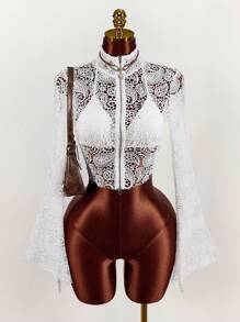 Amplova Áo croptop hở lưng phong cách Hippie dành cho nữ, khóa kéo phía trước - Màu be - Xem 1