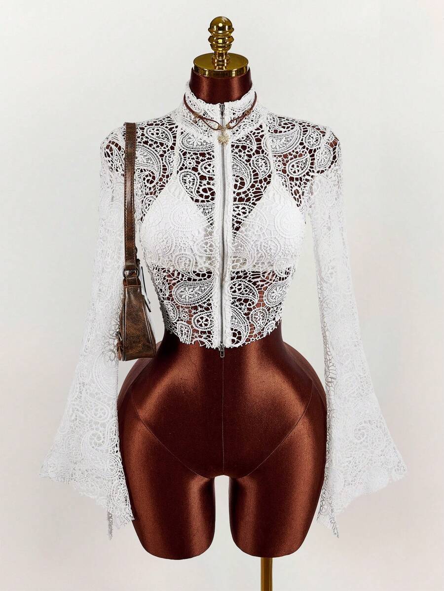 Amplova Áo croptop hở lưng phong cách Hippie dành cho nữ, khóa kéo phía trước - Màu be - Xem 1