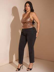 SHEIN BAE Women's Plain Halter Neck Simple Camisole, Casual Daily Wear Fall Clothes PU Elasticity Fall Women Clothes Fall Women Fall Tops Winter Women Clothes/ Brown Leather Top/ Chocolate Brown Leather Top/ Brown Halter Top/ Plus Size Leather Top/Off The Shoulder/Fall Clothes Plus Size/Halloween/Homecoming/Christmas/Going Out /Birthday Dresses For Women/Western Wear Women/Dresses For Women Party/Off The Shoulder/Women's Fall Clothes/Pu Top/Leather Top