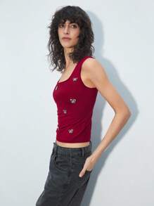 Maija Camiseta sin tirantes casual con decoración de mariposa, para uso diario, Día de San Valentín, Festival - Burdeos - Ver 4