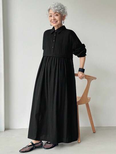 FRIFUL 女式黑色纯色衬衫领落肩长袖褶皱宽松休闲百搭长款连衣裙，秋冬办公室休闲商务连衣裙