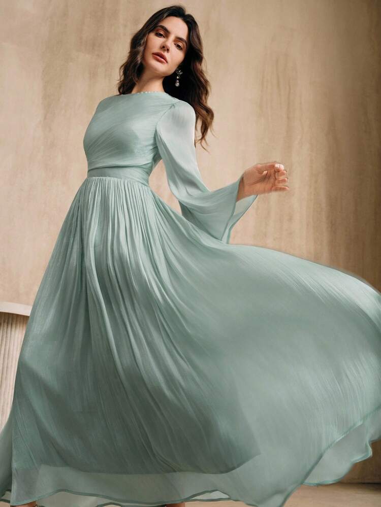 Anewsta Essential Women's Long Sleeve Elegant Versatile Commuter Waist Flared Sleeve Spring/Autumn Dress