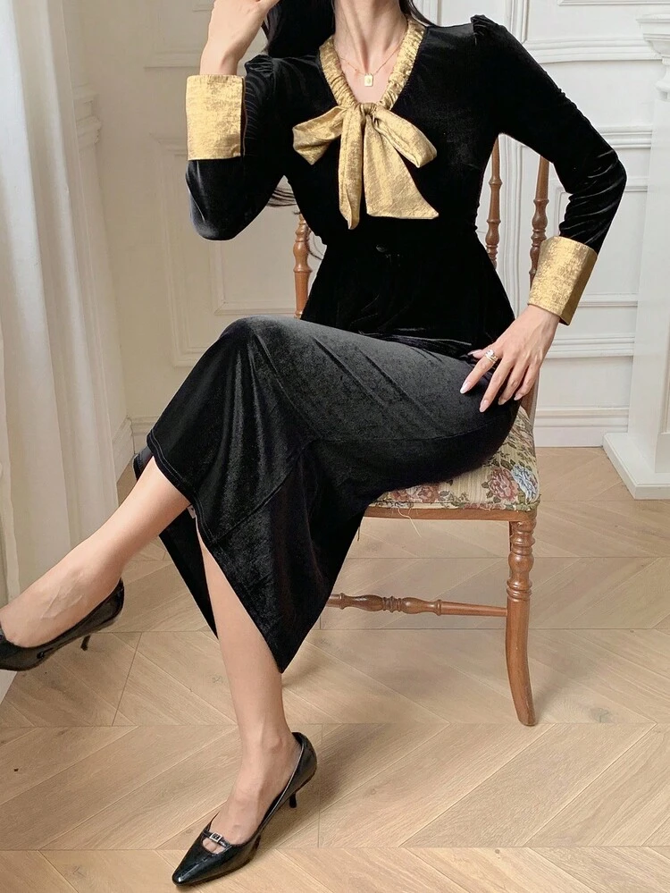 Luxury Vintage Elegant Long Sleeve Bow Ruffle Hem Slit Bodycon Dress Set, Black Evening Gown