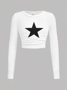 Girlism Tween Girls Casual Star Print White Long-Sleeved T-Shirt + Black Straight Leg Cargo Pants 2 Pieces Set, Spring, Autumn And Winter,Back To School,Casual Sports Street Style Suit Y2k Outfits Girl Y2k Outfit Star Print Outfit Fall - Black and White - View 6