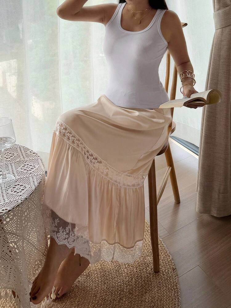 Minimalist Solid Color Camisole Top & Satin Lace Patchwork Midi Skirt Women Pajama Set
