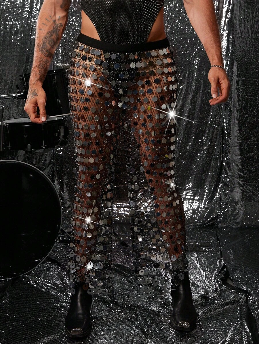 FeverCity Quần dài lưới kim sa lấp lánh gợi cảm cho nam - màu đen - Xem 1