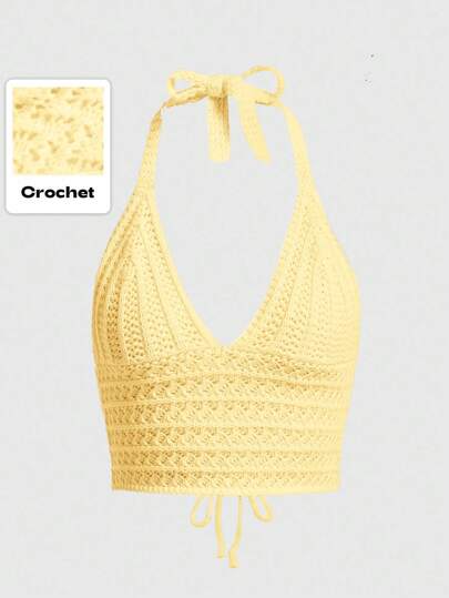 Top casual lavorato a maglia a uncinetto con collo alla halter e schiena scoperta, tinta unita