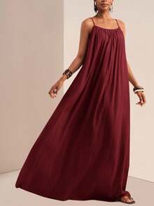 Slaydiva Đầm maxi không tay màu trơn cỡ lớn, đầm maxi dài kiểu dáng thường ngày cho kỳ nghỉ, đầm maxi mùa hè, đầm maxi màu đỏ đô, đầm maxi màu đỏ sẫm, đầm maxi màu nâu đỏ, đầm maxi mùa hè. - Màu Đỏ Sâu - Xem 8