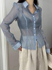 DAZY 女士时尚条纹半透明长袖上衣 - 藍色 - 查看 2