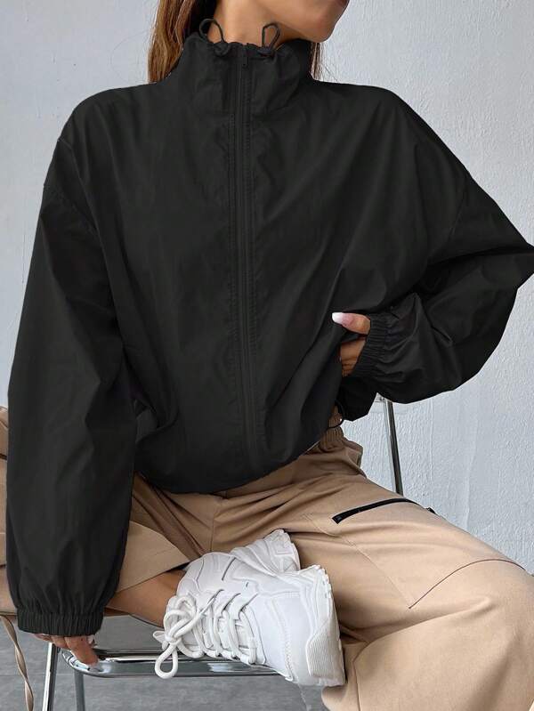 SHEIN EZwear Plus Size Solid Color Zip Up Collar Pocket Casual Long Sleeve Jacket Plus Size Jacket Winter Fall Autumn