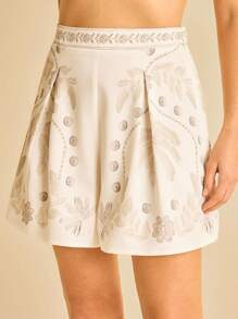 CAJUNI 女士高腰杏色复古印花半透明休闲沙滩短裤，适合夏季度假 - 彩色 - 查看 4