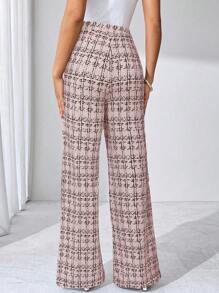 SHEIN Clasi 夏季优雅女士格纹印花弹力针织裤，适合各种场合，适合夏季度假、优雅旅行、日常通勤 - 粉色 - 查看 2