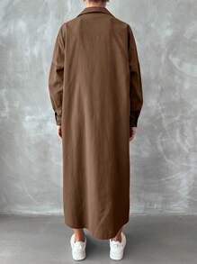 SHEIN Cottnline 捲邊袖口袋貼片開衩大腿襯衫洋裝 - 咖啡 - 查看 2