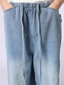 SUMWON 阔腿套穿牛仔裤，宽松街头风，抽绳腰带，松紧带设计，引领Y2K美学潮流，都市街头风，四季皆宜，休闲百搭，适合秋冬度假穿着。 - 淺色水洗藍 - 查看 6