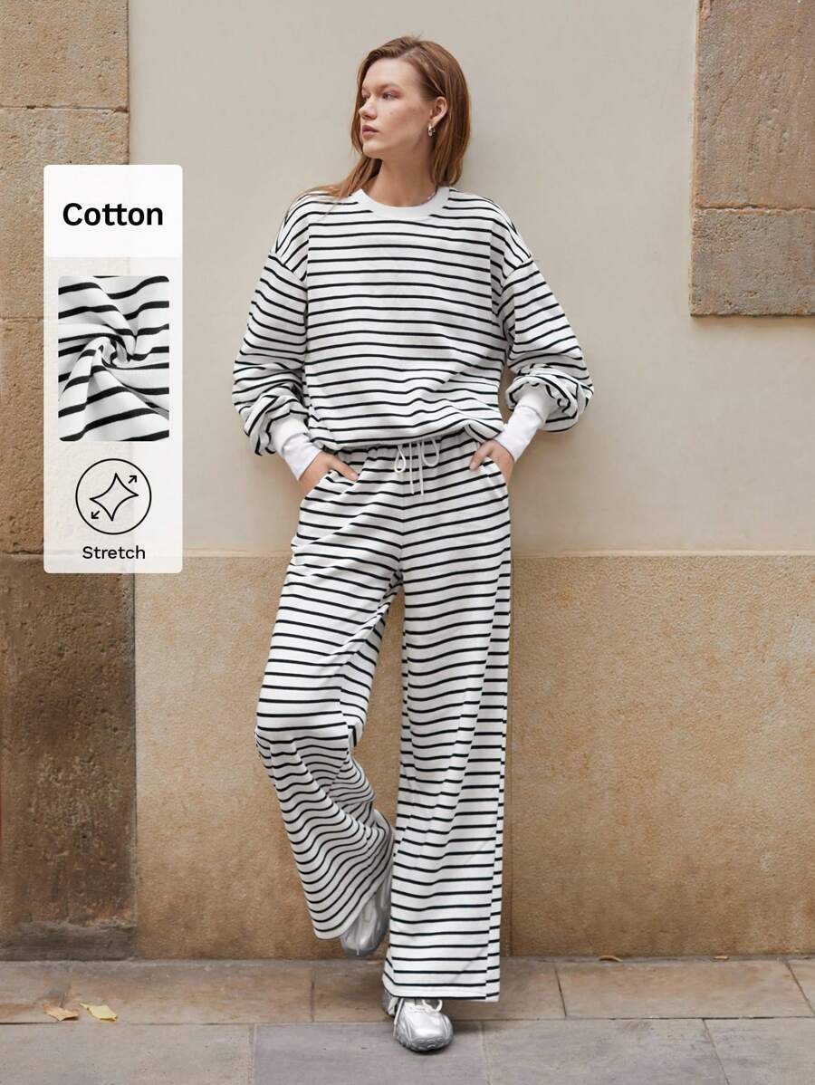 Maija 女士系带前口袋条纹简约休闲运动裤，日常穿着，节日