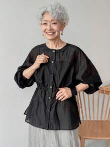 FRIFUL 女士宽松 V 领灯笼袖雪纺腰收腰休闲纯色长袖衬衫，秋季舒适 - 黑色 - 查看 2