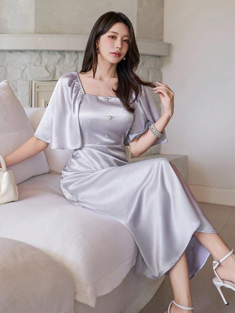 Women's Elegant Solid Color V-Neck Lantern Sleeve Mid-Length Dress Maxi Dress