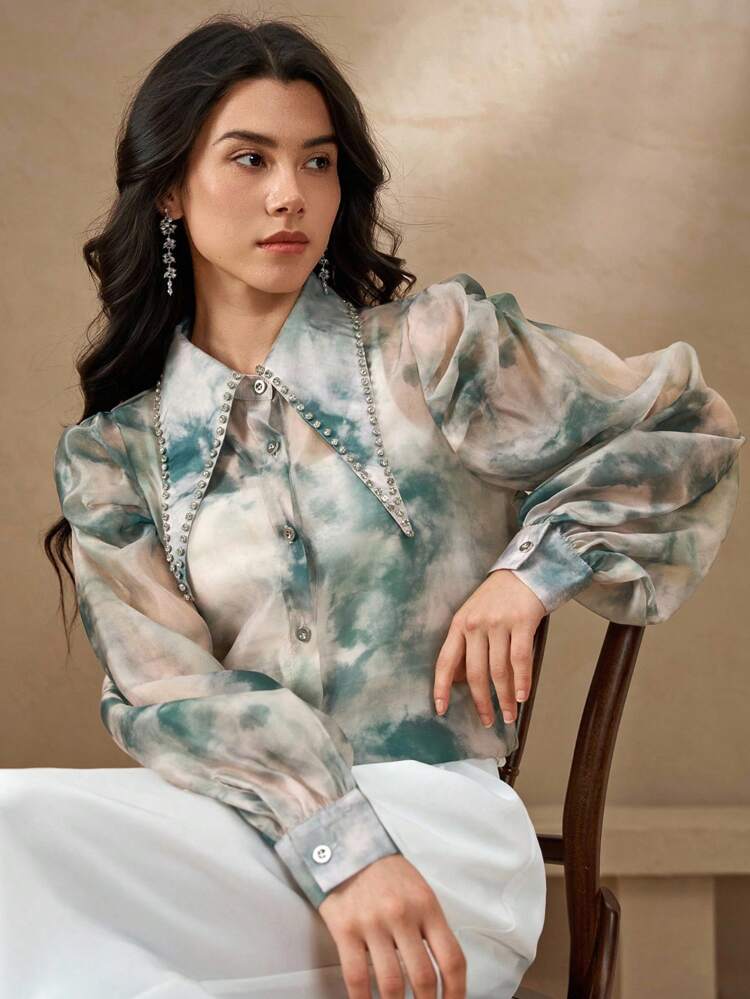 Women's Elegant Tie Dye Crystal Button Decor Long Sleeve Shirt