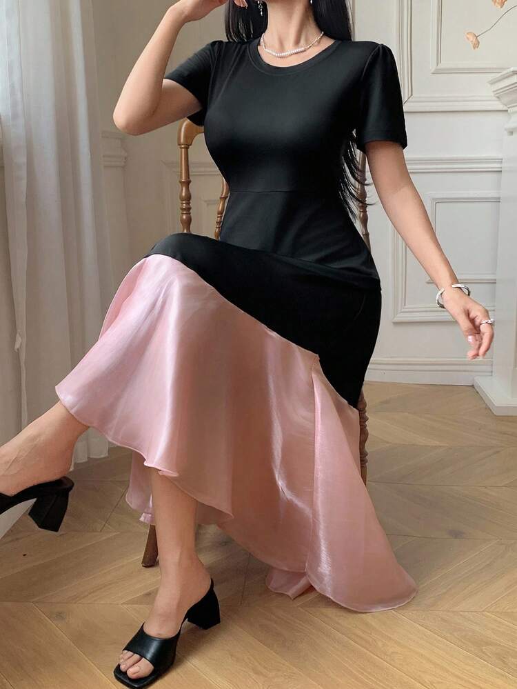 Color Block Round Neck Mid-Length Dress For Women Summer Women Dresses Sundress Maxi Dress