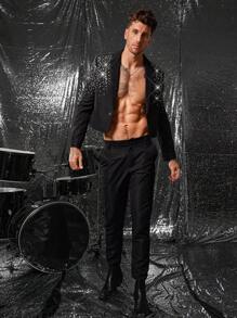 FeverCity Men's High-End Rhinestone Embellished Black Suit Set, 2 Pieces, Suitable For Spring & Autumn - Black - View 5