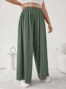 EURMUSE Plus Solid Strechy Viscose Fabric Wide Leg Pull On Summer Pants - Army Green - View 4