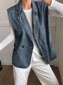 DAZY 女士夏季翻领无袖宽松休闲牛仔夹克和外套 - 中等水洗藍 - 查看 3