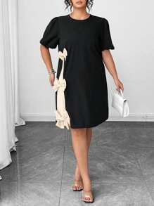 Auvina 大码夏季优雅拼色蝴蝶结装饰连衣裙 - 杏色 - 查看 5