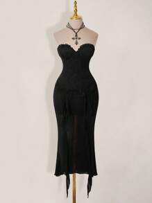 SHEIN ICON Robe ras-du-cou à la taille avec dentelle contrastée, robe en maille noire - Noir - Voir 1