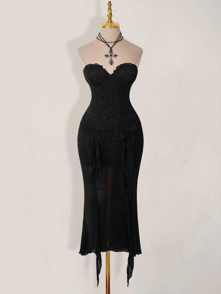 SHEIN ICON Robe ras-du-cou à la taille avec dentelle contrastée, robe en maille noire - Noir - Voir 1
