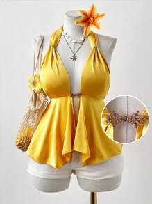Sunspun Atasan Camisole Tanpa Punggung dengan Tali Bahu Asimetris Seksi untuk Wanita, Cocok untuk Liburan. - Kuning - View 1