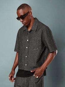 SUMWON Sparkle Denim Button Down Shirt Galaxy Star Pattern Short Sleeve Streetwear Festival Concert Casual Lightweight Party Night Out Sparkly Summer Spring Plain - Black - View 1