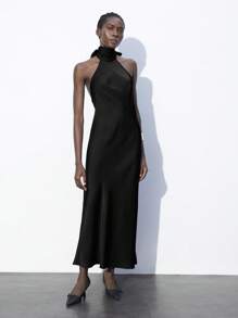 Maija 女士无袖露背纯色连衣裙，现代都市优雅设计，性感优雅，适合夏季，情人节 - 黑色 - 查看 2