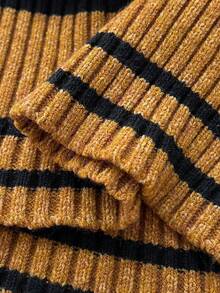 Maweii Maglione corto a scollo a V con motivo a righe a contrasto, stile casual da strada e college, per donne taglie forti, autunnale - Giallo - Visualizzare 3