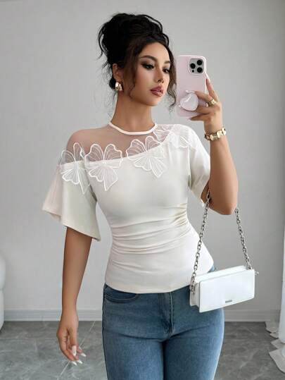 Elenzga Women's Applique Decor Mesh Patchwork Ruffle Sleeve Fashionable Pleated T-Shirt