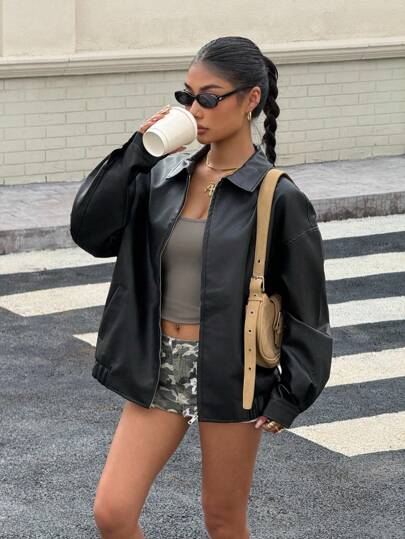 SHEIN Women's Autumn New Black PU Loose Jacket, Dropped Shoulder Zipper PU Short Leather Jacket, Suitable For Street Wear