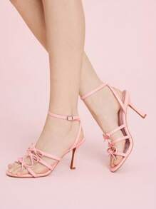 CUCCOO DOLLMOD Damen rosa PU dünne Riemen Schleife Knöchelriemen Schnalle modische niedliche Sandalen, geeignet für Sommeroutdoor, romantischer französischer Stil für Party, Nachmittagstee, Sandalen mit rundem Zehenbereich und hohem Absatz