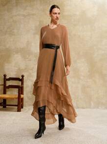 Arave Women's Chiffon Summer Woven New French Fairy Style Lantern Sleeve Long Sleeve Vintage Gentle Niche Casual Resort Commute Long Maxi Dress,Vacation Outfits Women,Birthday Outfits For Women,Elegant Dresses For Women,Boho Dress,Old Money Style Women,Vacation Dresses,Flowy Dress,Fall Dresses For Women,Modest Dresses For Women,Fairycore,Classy Outfits For Women Maillard Style - Brown - View 6