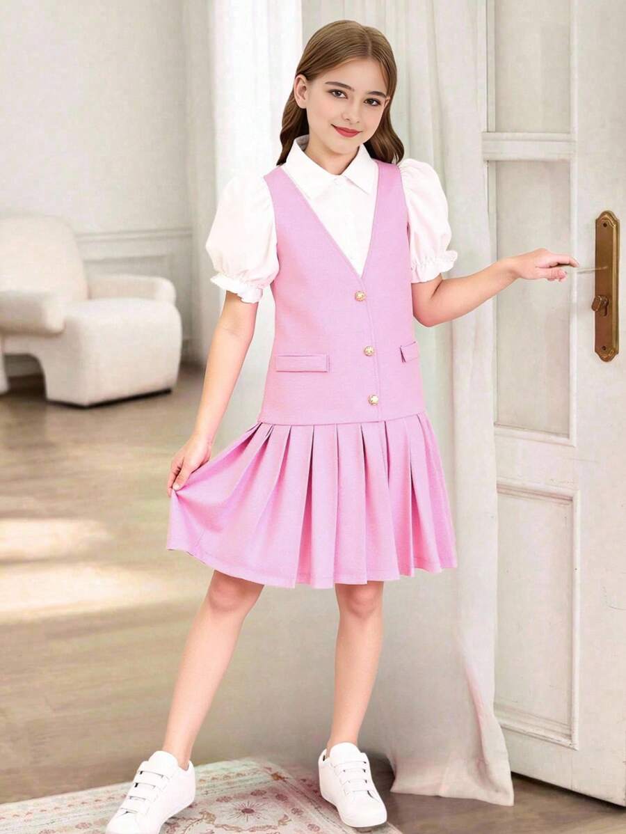 Tween Girl Puff Sleeve Pleated 2 In 1 Dress, Suitable For Casual Wear Back To School - Pink - View 1