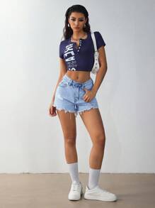 SHEIN Essnce Denim Distressed Shorts, Fashion For Summer - Light Wash - View 4