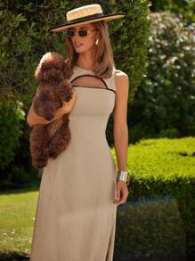 COSMINA Elegantes ärmelloses Kleid mit Hohlmuster, geeignet für Frühlings-/Sommerurlaub - Aprikosenfarben - Übersicht 4