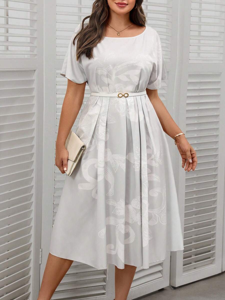 SHEIN Clasi Plus Size Women Plant Pattern Round Neck Batwing Short Sleeve Casual Dress - White - View 1