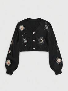 ROMWE Hippie Vintage Mysterious Sun Bestickter Cardigan Pullover für Frauen, Kurzer Stil, Herbst/Winter - Schwarz - Übersicht 1