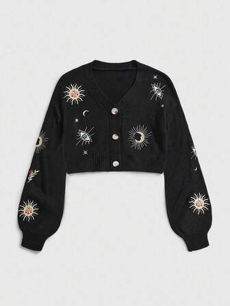 Hippie Vintage Mysterious Sun Bestickter Cardigan Pullover für Frauen, Kurzer Stil, Herbst/Winter