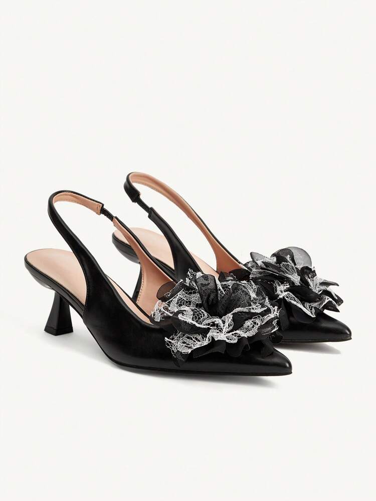 CUCCOO CHICEST ゴシック調フローラルメッシュ ポインテッドトゥ スティレットヒール ミドルヒールパンプス、セクシーエレガントなダークアエステティック ブラックサテンバックレススリッポンシューズ、バンケット、パーティー、プロムに最適