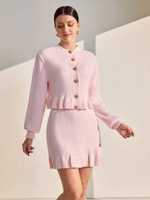 EURMUSE 女式不对称条纹针织设计灯笼袖针织毛衣开衫搭配罗纹针织细节直筒针织裙套装 - 藕粉色 - 查看 4