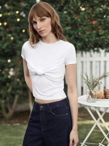 Maija Women's Solid Color Twist Front Short Sleeve Casual Versatile T-Shirt - White - View 4