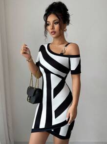 Elenzga Women's Summer Knitted Elastic Fitted Striped Geometric Print Asymmetric Asymmetrical Neck Short Sleeve Bodycon Hem Elegant Casual Mini Dress, Random Print - Black and White - View 6